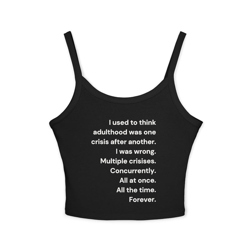 Women's Crop Tank Top — 'Adulthood' Minimalist Text Cropped Spaghetti Strap Tank