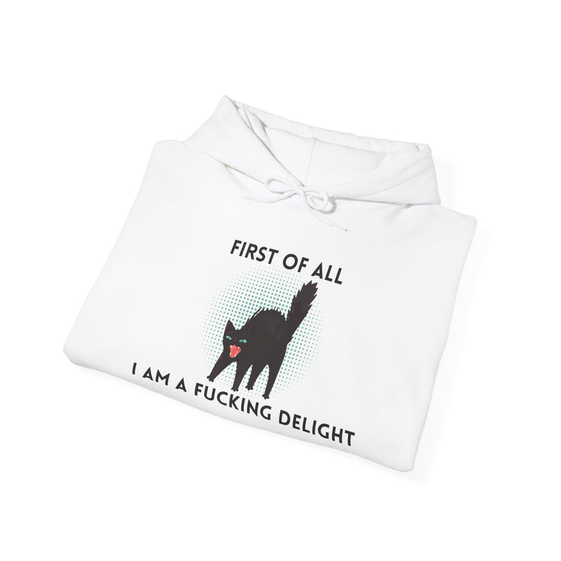 Sassy Cat Unisex Hoodie — "...I Am A Fucking Delight!" Graphic Hooded Sweatshirt
