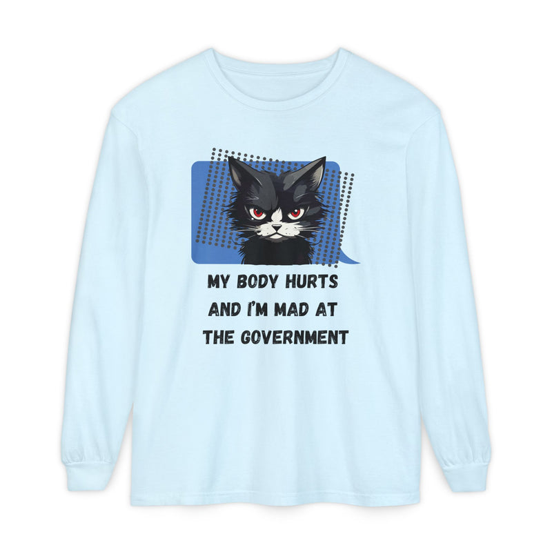 Long Sleeve T‑Shirt – "My Body Hurts and I’m Mad at the Government" Cat Graphic Oversized Tee