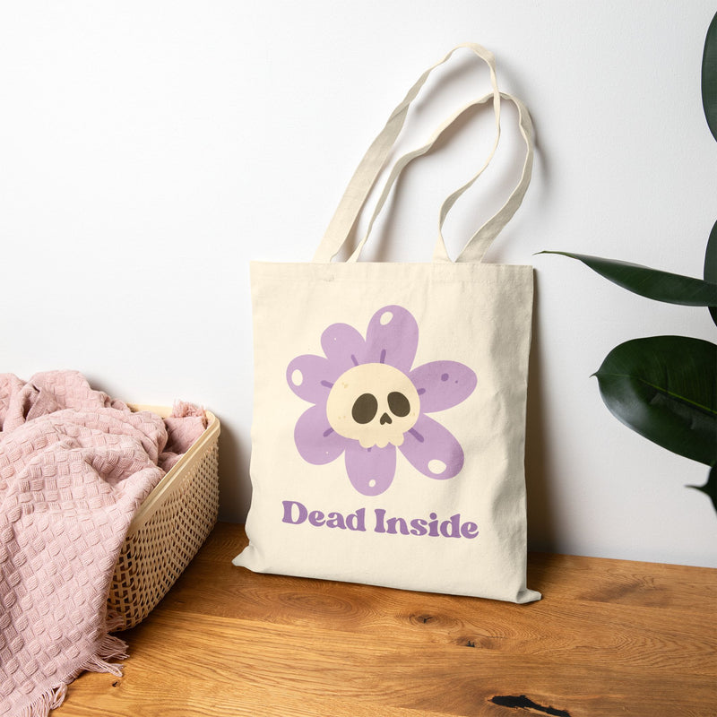 Mental Health Awareness Graphic Tote Bag — 'Dead Inside' Skull Flower Reusable Canvas Tote