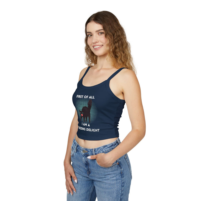 Sassy Cat Tank Top — "First Of All I Am A Fucking Delight" Black Cat Graphic Crop Tank