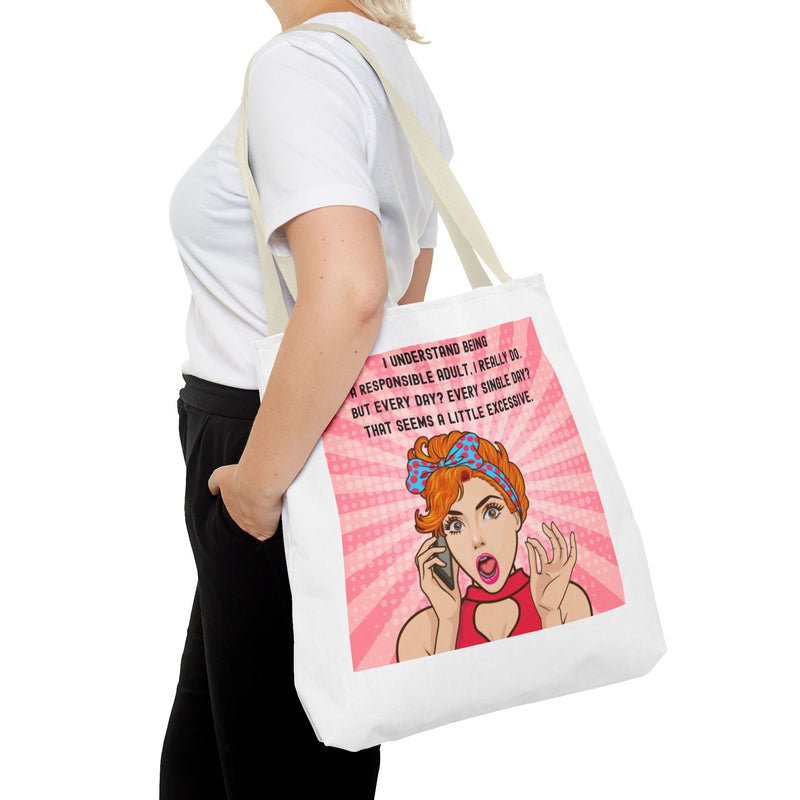 Large 18" x 18" Retro Pop Art Tote Bag — "Being a Responsible Adult" Graphic Tote