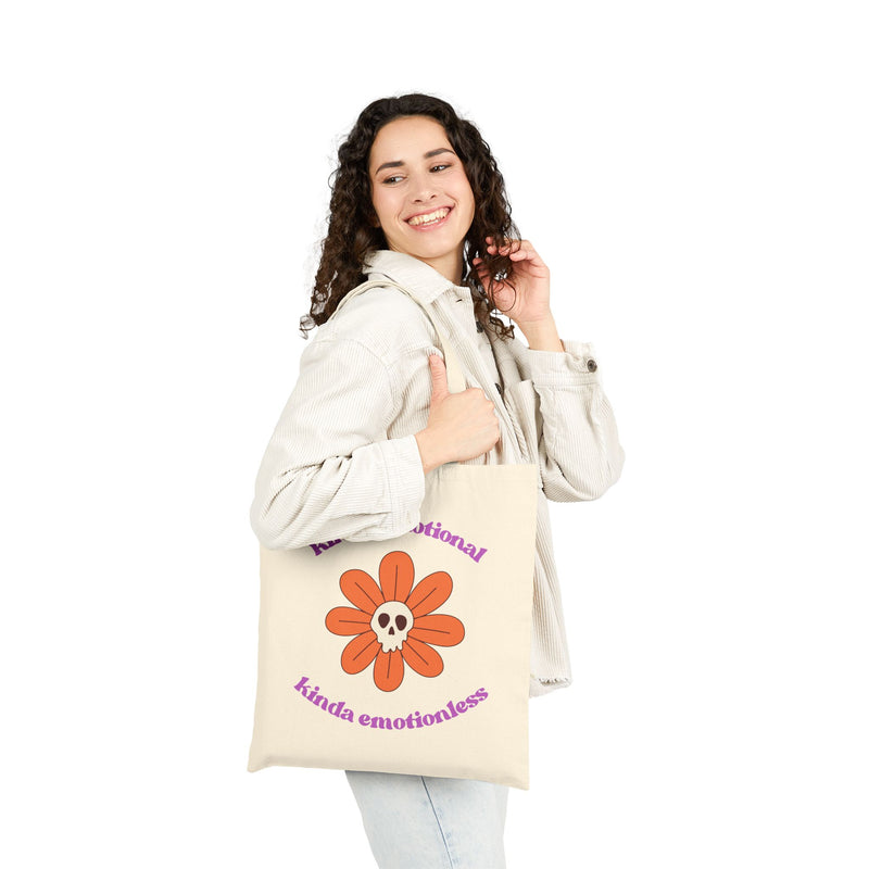 Retro Skull Flower Reusable Tote Bag — "kinda emotional kinda emotionless" Cotton Canvas Mental Health Awareness Tote