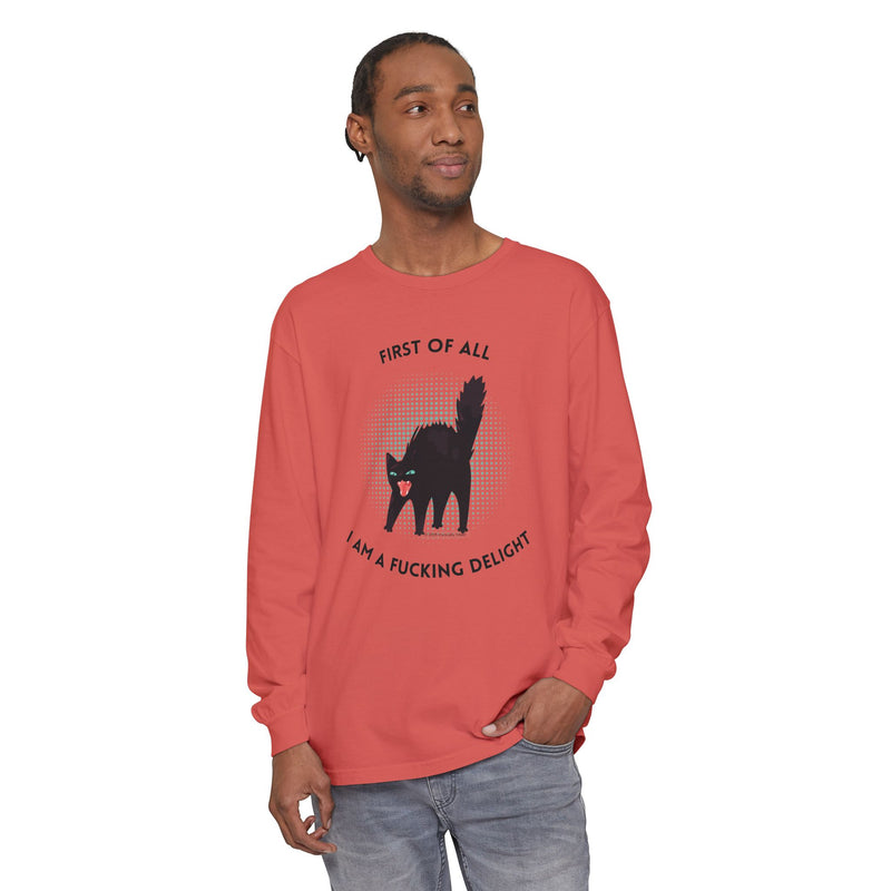 Long Sleeve Tee — “First of All I Am a Fucking Delight” Black Cat Graphic Oversized T-Shirt