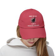 Distressed Baseball Cap — "First Of All I Am A Fucking Delight" Sassy Cat Hat