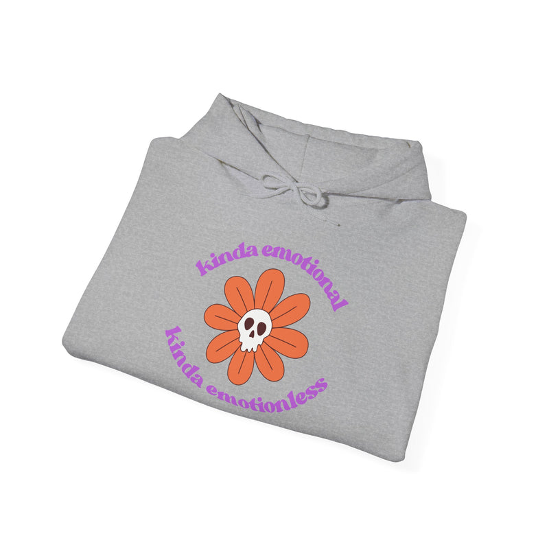 Floral Skull Graphic Hoodie — "Kinda Emotionless, Kinda Emotional" Mental Health Awareness Hooded Sweatshirt