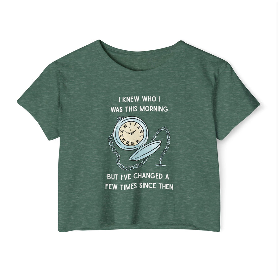 Women's Crop Top T-shirt — 'I Knew Who I Was This Morning' Wonderland Graphic Tee