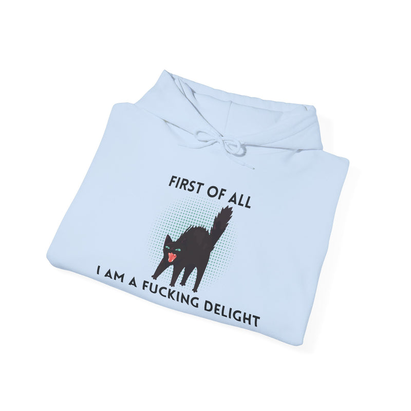 Sassy Cat Unisex Hoodie — "...I Am A Fucking Delight!" Graphic Hooded Sweatshirt