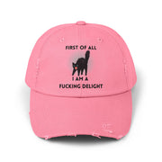 Distressed Baseball Cap — "First Of All I Am A Fucking Delight" Sassy Cat Hat