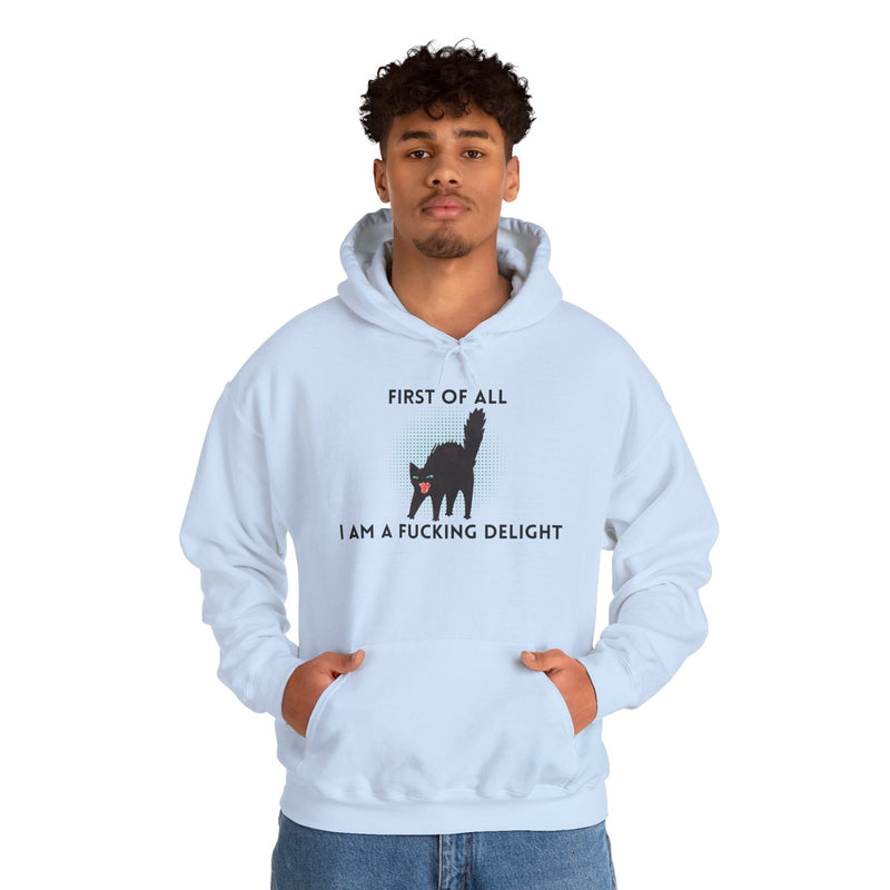 Sassy Cat Unisex Hoodie — "...I Am A Fucking Delight!" Graphic Hooded Sweatshirt