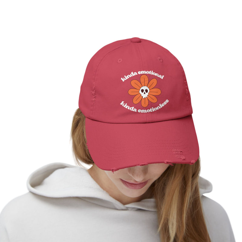 Kinda Emotional Kinda Emotionless Unisex Distressed Cap — Floral Skull Mental Health Awareness Baseball Hat