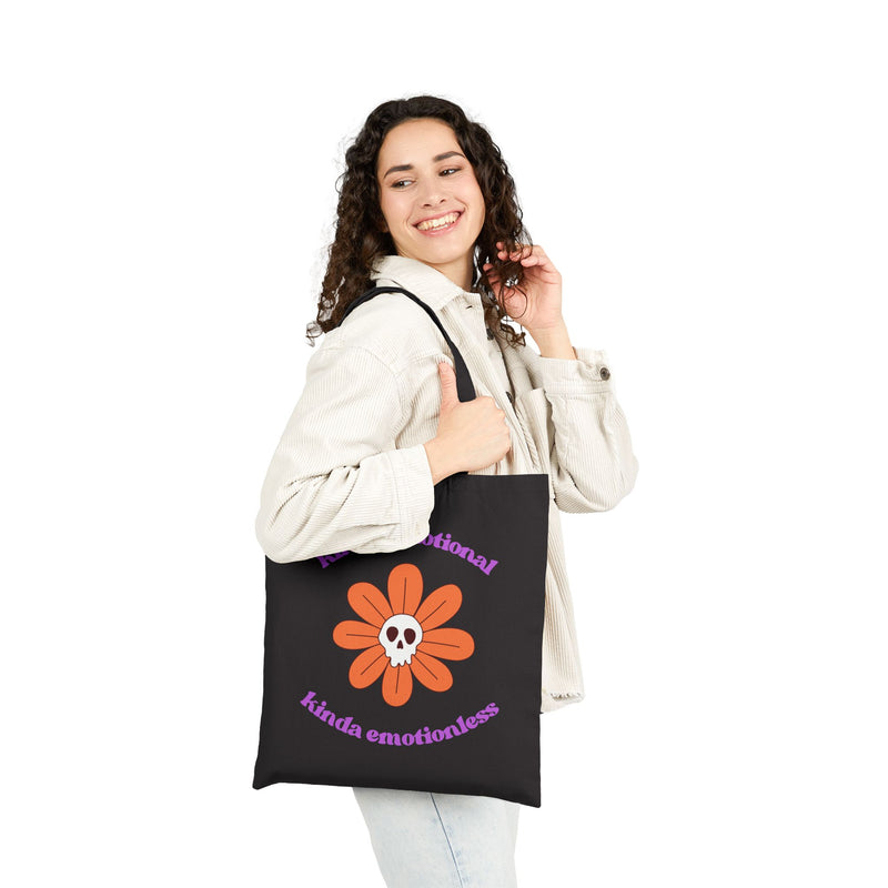 Retro Skull Flower Reusable Tote Bag — "kinda emotional kinda emotionless" Cotton Canvas Mental Health Awareness Tote