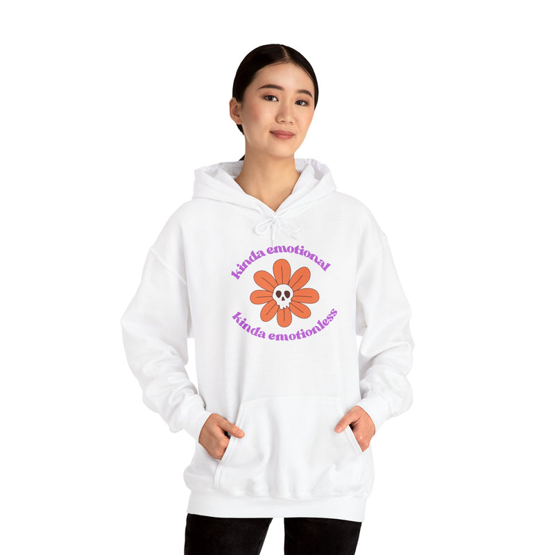 Floral Skull Graphic Hoodie — "Kinda Emotionless, Kinda Emotional" Mental Health Awareness Hooded Sweatshirt