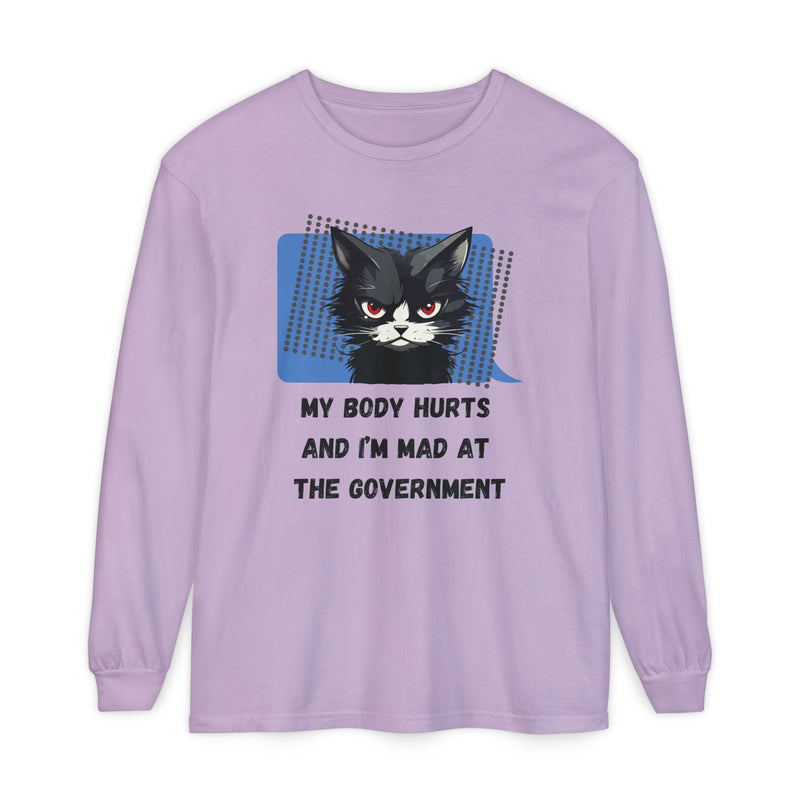 Long Sleeve T‑Shirt – "My Body Hurts and I’m Mad at the Government" Cat Graphic Oversized Tee