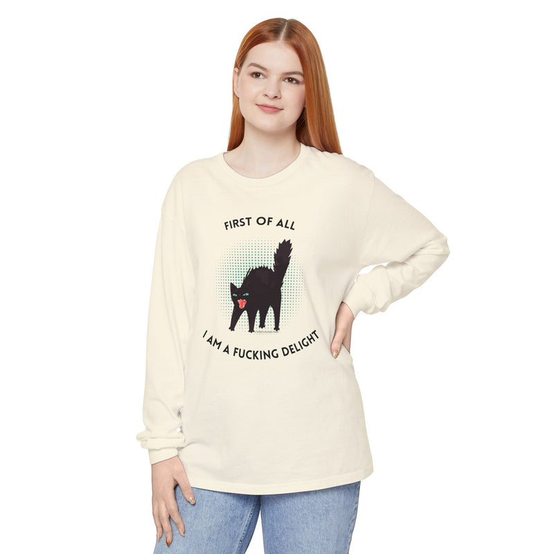 Long Sleeve Tee — “First of All I Am a Fucking Delight” Black Cat Graphic Oversized T-Shirt