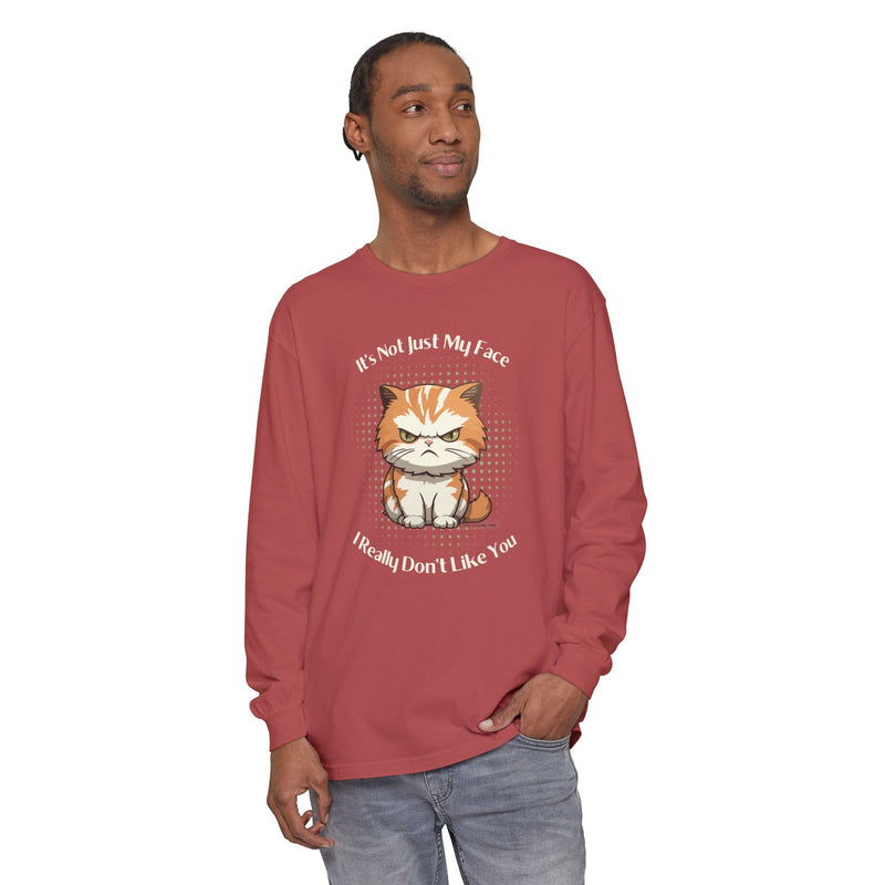Sassy Cat Long Sleeve Tee — "It's Not Just My Face, I Really Don't Like You" Oversized T-Shirt