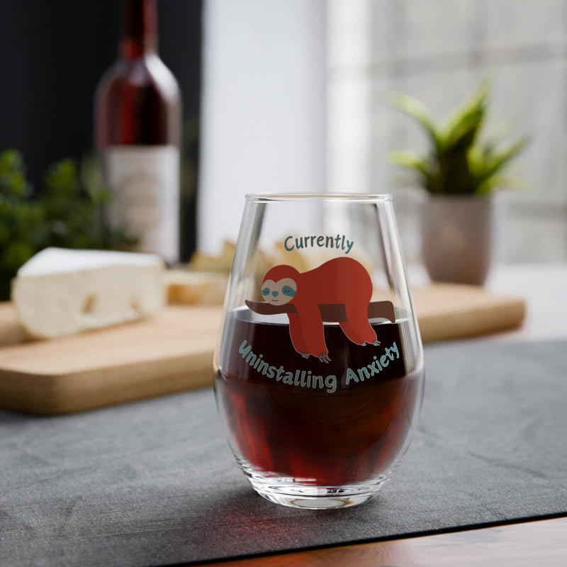 Stemless Wine Glass – "Currently Uninstalling Anxiety" Sloth