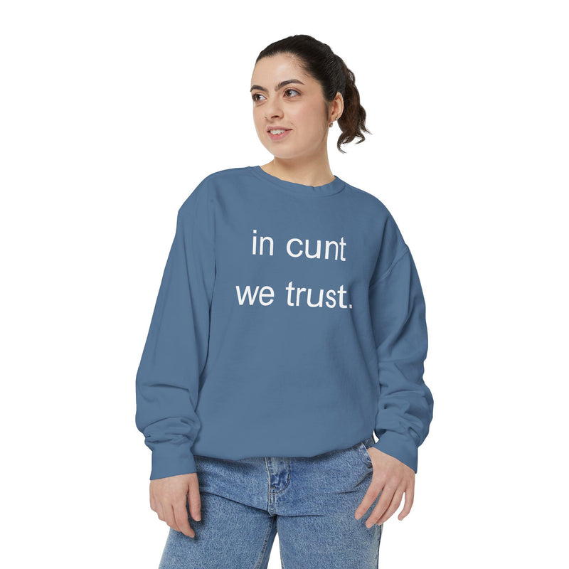 Graphic Sweatshirt — “in cunt we trust.” Bold Provocative Slogan Pullover