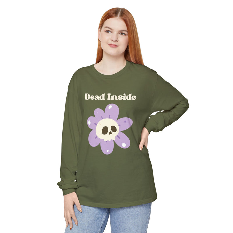 "Dead Inside" Oversized T-Shirt - Skull Flower Long Sleeve Tee