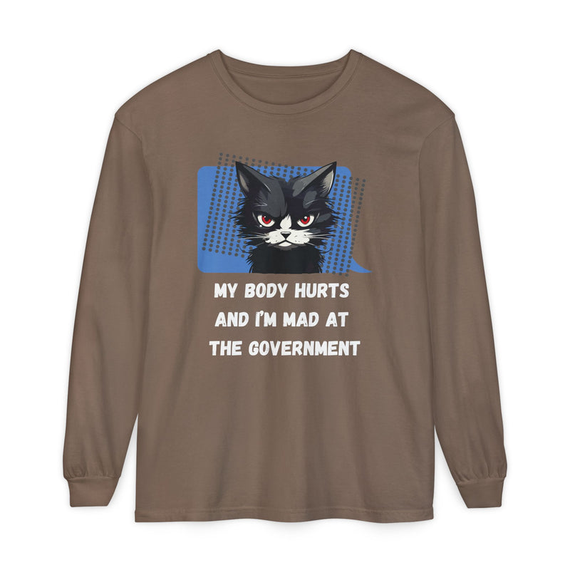 Long Sleeve T‑Shirt – "My Body Hurts and I’m Mad at the Government" Cat Graphic Oversized Tee
