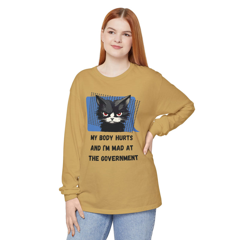 Long Sleeve T‑Shirt – "My Body Hurts and I’m Mad at the Government" Cat Graphic Oversized Tee