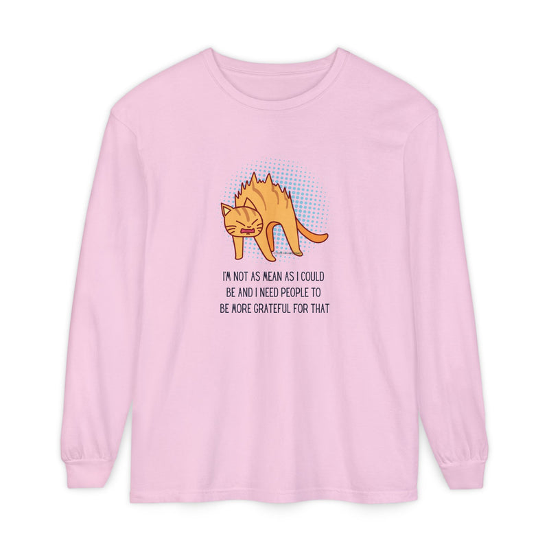 Sassy Cat Illustration Long Sleeve Tee — “I’m Not As Mean As I Could Be” Oversize T-Shirt