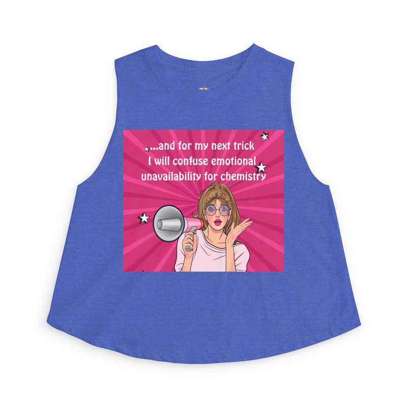 Crop Top — Funny Pink Pop Art "...and for My Next Trick I Will Confuse Emotional Unavailability for Chemistry" Pop Art Graphic Festival Tank