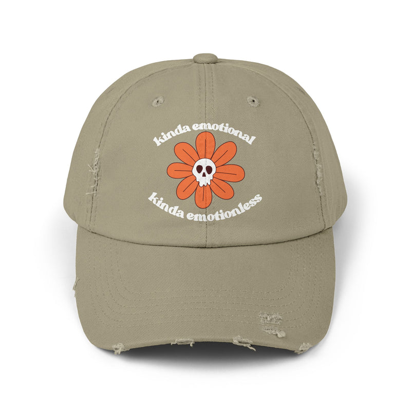 Kinda Emotional Kinda Emotionless Unisex Distressed Cap — Floral Skull Mental Health Awareness Baseball Hat