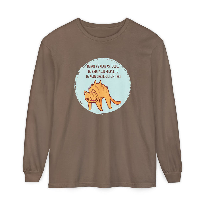 Sassy Cat Illustration Long Sleeve Tee — “I’m Not As Mean As I Could Be” Oversize T-Shirt