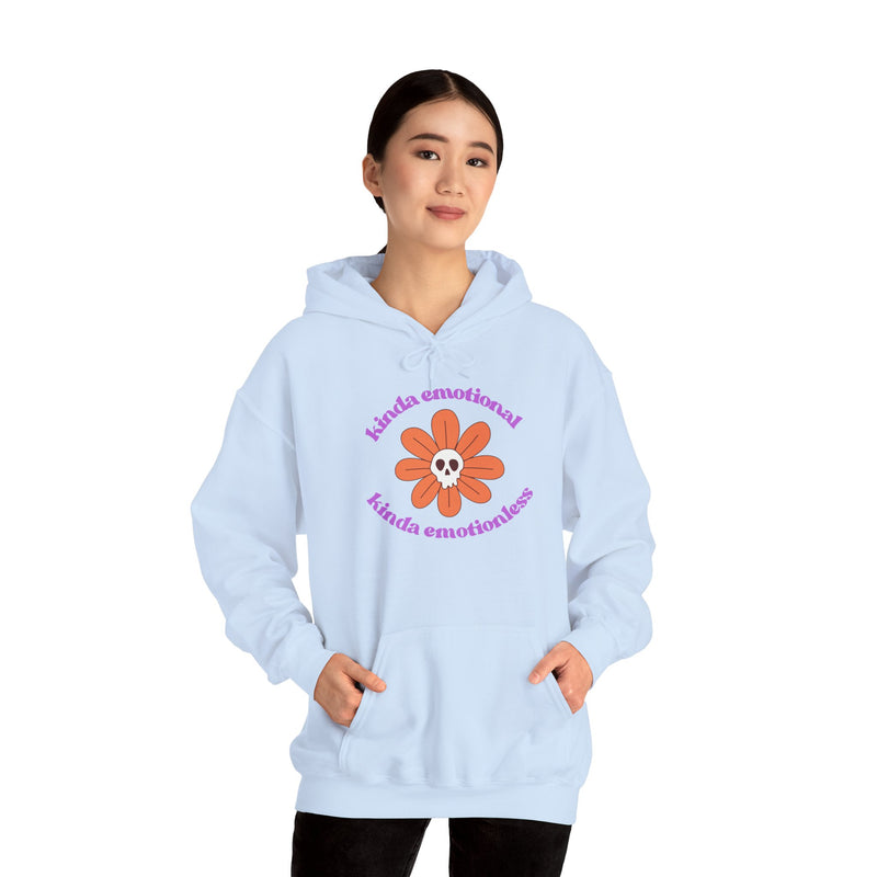 Floral Skull Graphic Hoodie — "Kinda Emotionless, Kinda Emotional" Mental Health Awareness Hooded Sweatshirt