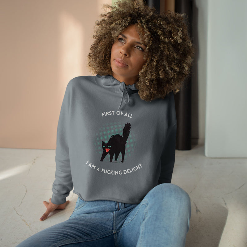 Graphic Black Cat Hooded Sweatshirt - "I am a Fucking Delight" Crop Hoodie