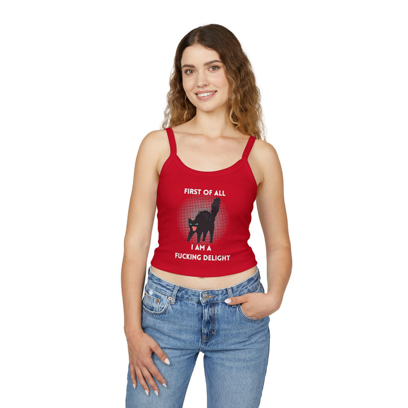Sassy Cat Tank Top — "First Of All I Am A Fucking Delight" Black Cat Graphic Crop Tank