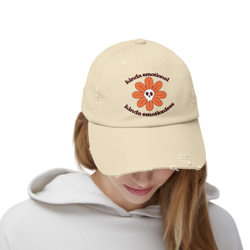 Kinda Emotional Kinda Emotionless Unisex Distressed Cap — Floral Skull Mental Health Awareness Baseball Hat