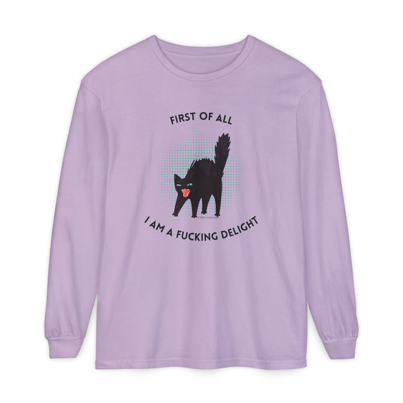 Long Sleeve Tee — “First of All I Am a Fucking Delight” Black Cat Graphic Oversized T-Shirt