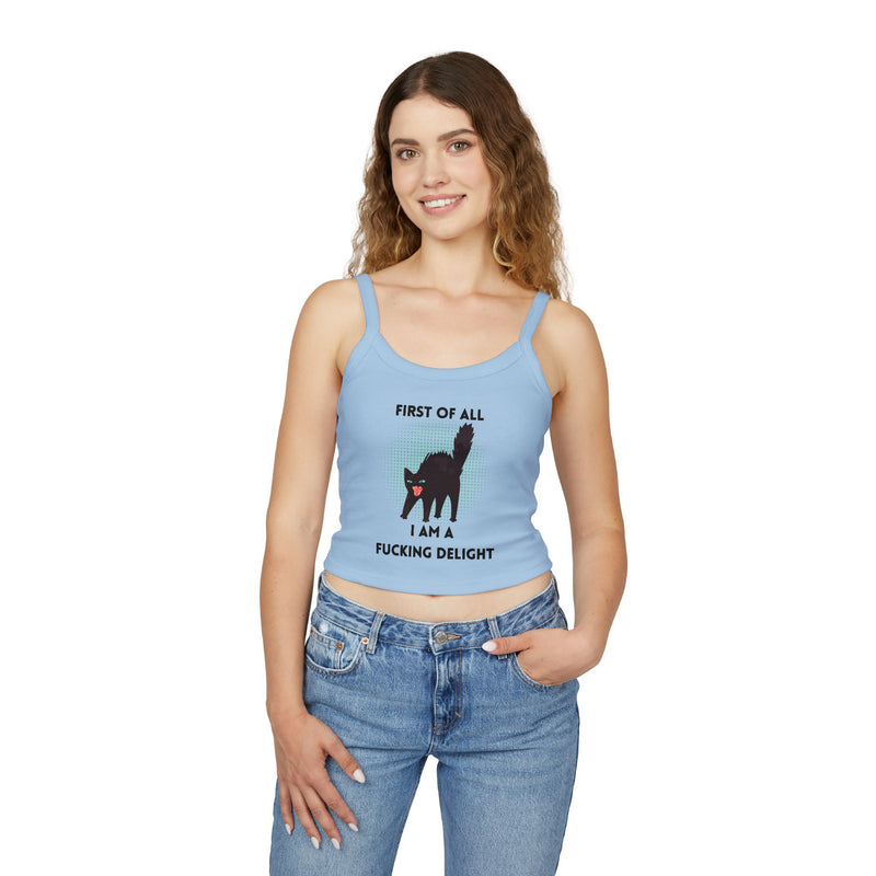 Sassy Cat Tank Top — "First Of All I Am A Fucking Delight" Black Cat Graphic Crop Tank