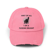 Distressed Baseball Cap — "First Of All I Am A Fucking Delight" Sassy Cat Hat