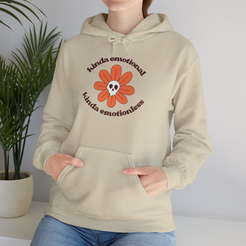 Floral Skull Graphic Hoodie — "Kinda Emotionless, Kinda Emotional" Mental Health Awareness Hooded Sweatshirt