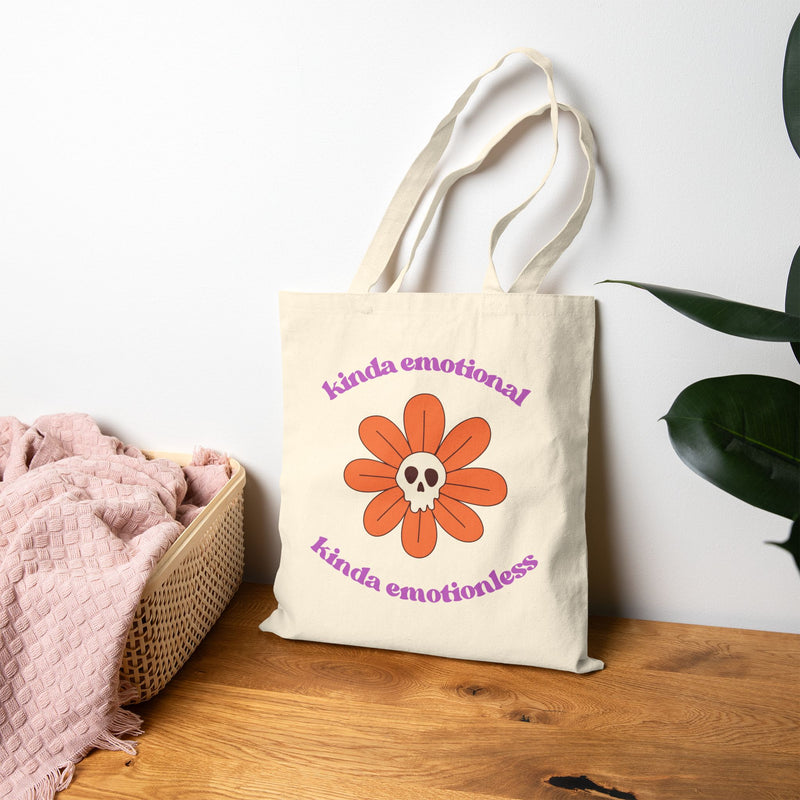 Retro Skull Flower Reusable Tote Bag — "kinda emotional kinda emotionless" Cotton Canvas Mental Health Awareness Tote
