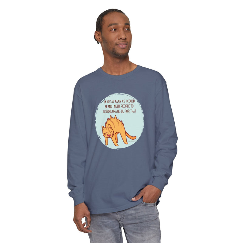 Sassy Cat Illustration Long Sleeve Tee — “I’m Not As Mean As I Could Be” Oversize T-Shirt