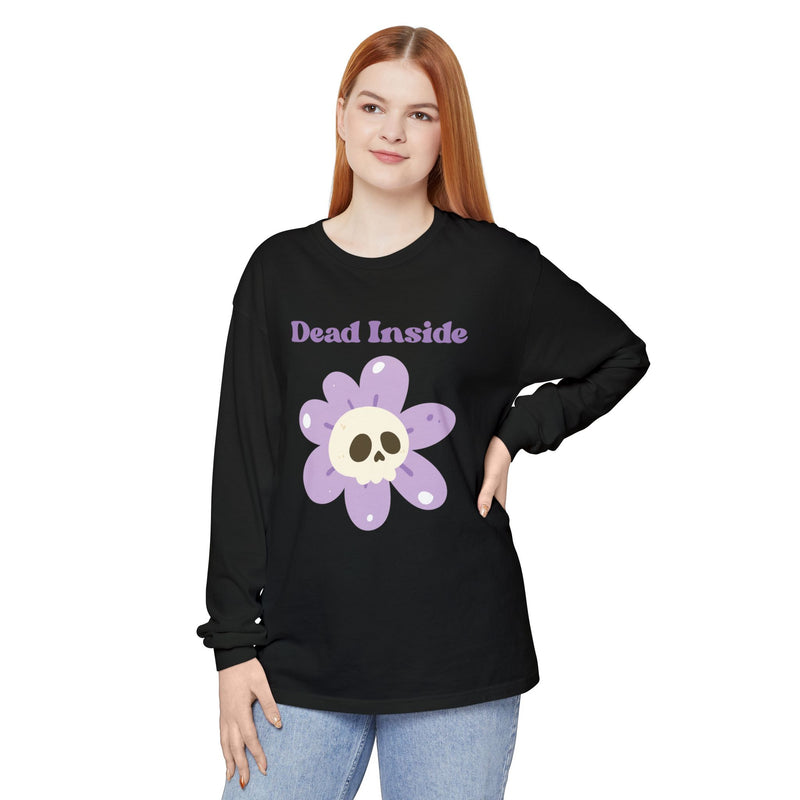 "Dead Inside" Oversized T-Shirt - Skull Flower Long Sleeve Tee