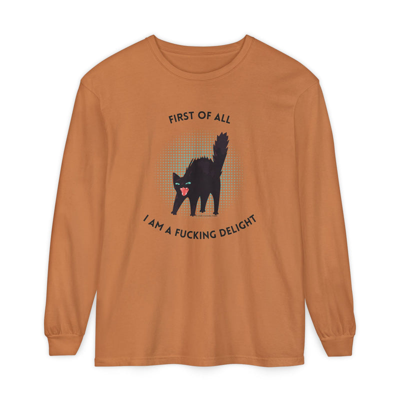 Long Sleeve Tee — “First of All I Am a Fucking Delight” Black Cat Graphic Oversized T-Shirt