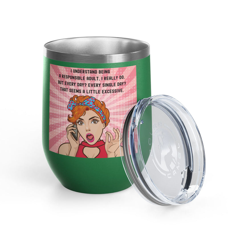 "Responsible Adult"Retro Pop Art Insulated Wine Tumbler - Stainless Steel 12oz