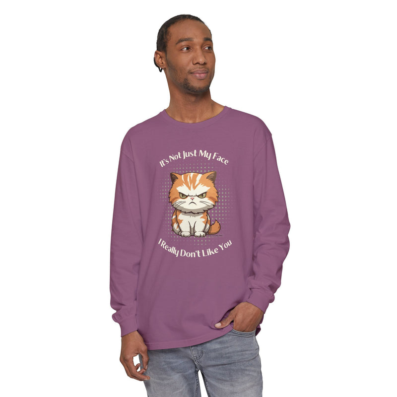 Sassy Cat Long Sleeve Tee — "It's Not Just My Face, I Really Don't Like You" Oversized T-Shirt