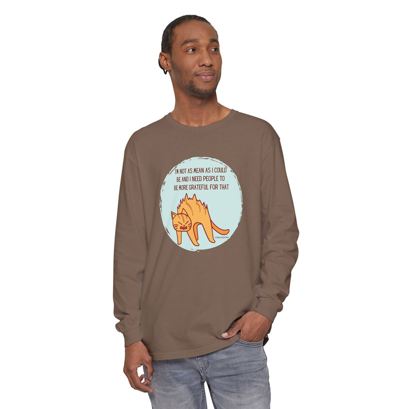 Sassy Cat Illustration Long Sleeve Tee — “I’m Not As Mean As I Could Be” Oversize T-Shirt