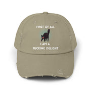 Distressed Baseball Cap — "First Of All I Am A Fucking Delight" Sassy Cat Hat