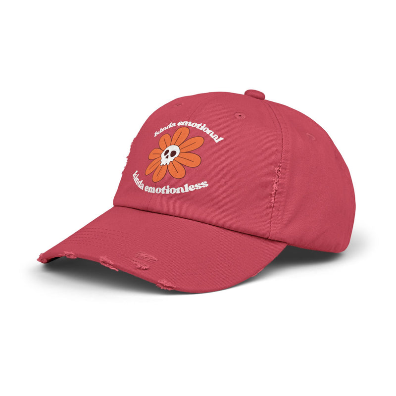 Kinda Emotional Kinda Emotionless Unisex Distressed Cap — Floral Skull Mental Health Awareness Baseball Hat