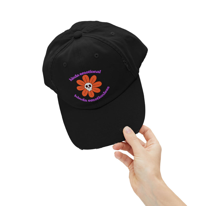 Kinda Emotional Kinda Emotionless Unisex Distressed Cap — Floral Skull Mental Health Awareness Baseball Hat