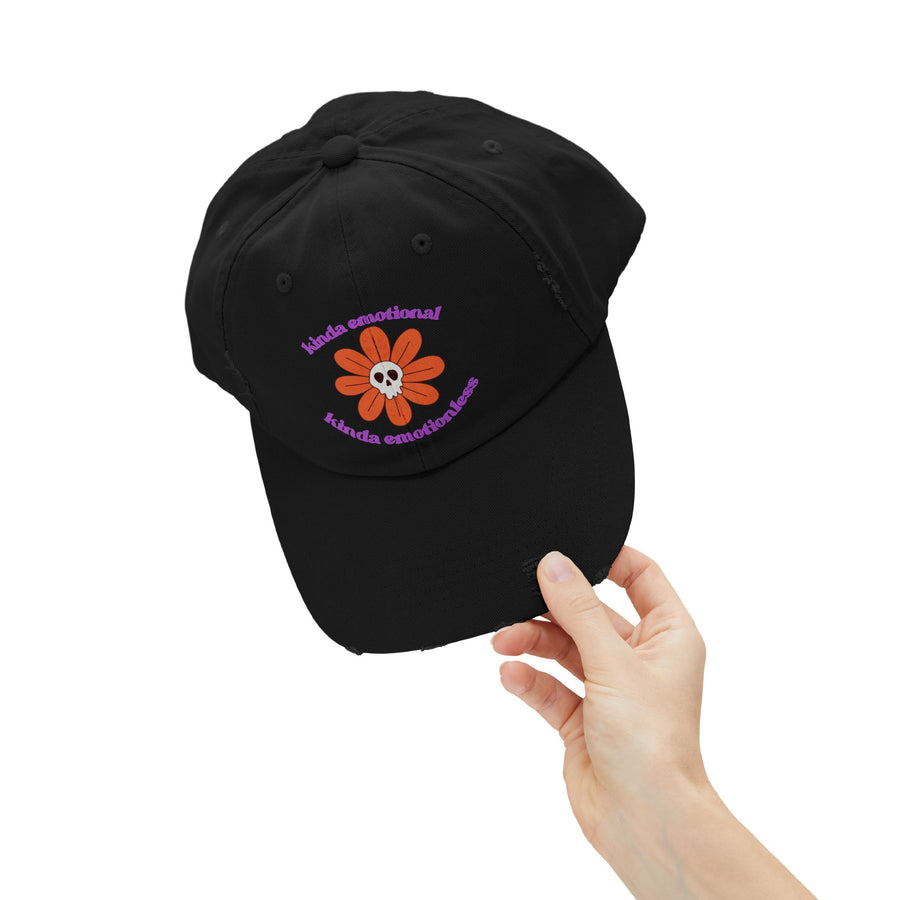 Kinda Emotionless Kinda Emotional Distressed Cap — Floral Skull Baseball Hat
