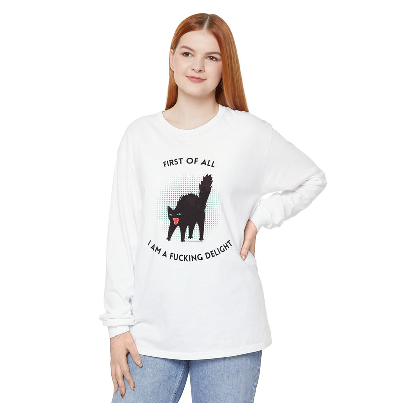 Long Sleeve Tee — “First of All I Am a Fucking Delight” Black Cat Graphic Oversized T-Shirt