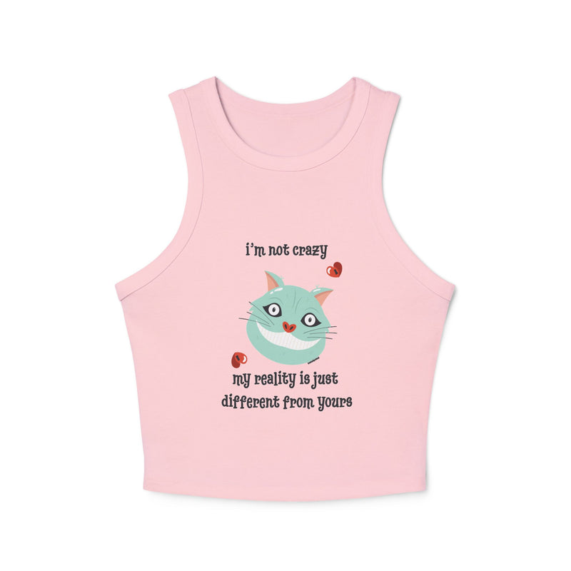 Women's Racer Tank — 'I'm Not Crazy' Cheshire Cat Graphic Crop Top